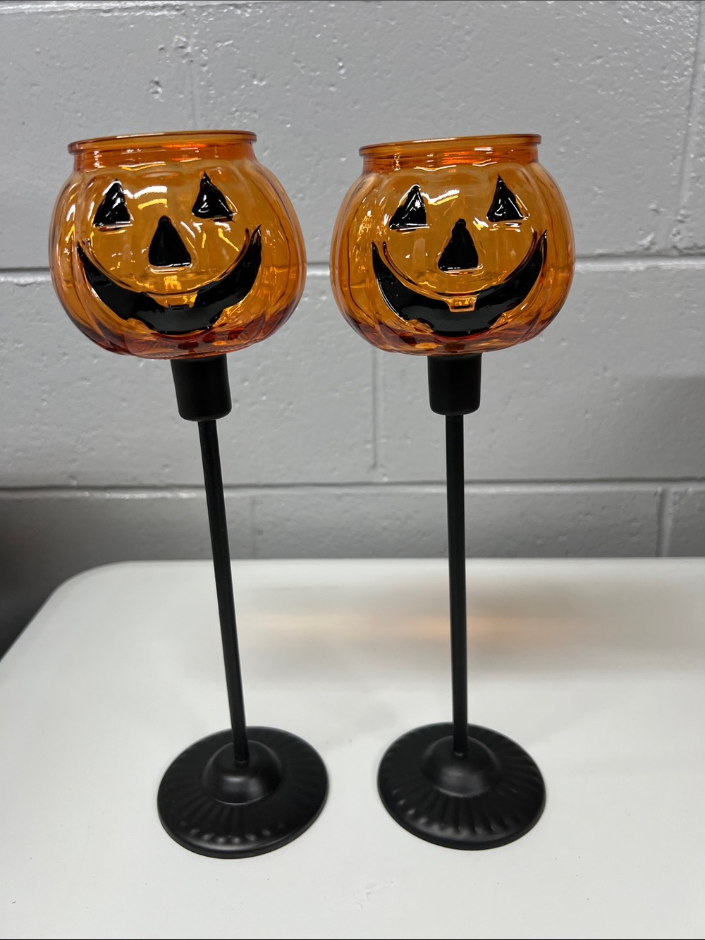 Halloween Pumpkin Glass Candle Holders - Orange 2pc
